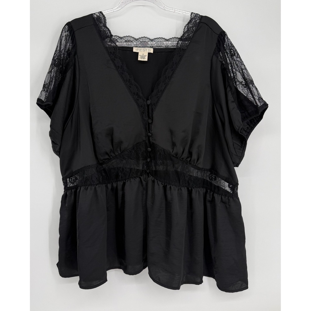 FESTI Black Lace Trim V-Neck Peplum Blouse Short Sleeve Button Front Top Sz 4